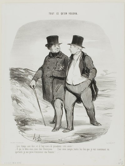 "- Tijden zijn moeilijk; dit jaar moeten we leren bescheidener te zijn... - Zeg me niet, mijn lieve Ducorneau.... wat mij betreft, elke keer als ik naar het theater ga, ontzeg ik mezelf nu het gezelschap van mijn vrouw....," plaat 2 uit Tout Ce Qu
