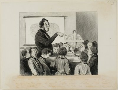"Morgen zullen we Saturnus bestuderen. Ik wil dat jullie speciale aandacht schenken aan deze grote planeet .... die jullie naar alle waarschijnlijkheid nooit in je leven zullen kunnen zien!", plaat 18 van Professeurs Et Moutards door Honoré Victorin Daumier