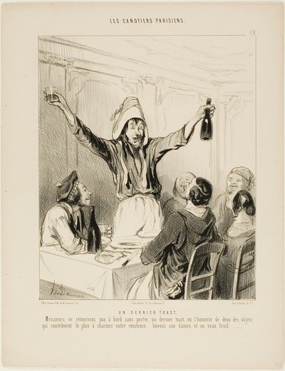 Een laatste toost! "Heren, laten we niet terugkeren aan boord zonder een laatste toast ter ere van de twee dingen die vooral charme aan ons leven geven... laten we drinken op de dames en op koud kalfsvlees!", bord 18 van Les Canotiers Parisiens door Honoré Victorin Daumier