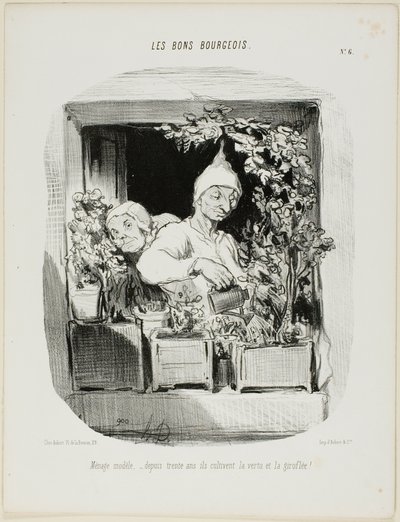 Een modelhuwelijk: Thirty Years They Have Cultivated Virtue and Carnations, plaat zes uit Les Bons Bourgeois door Honoré Victorin Daumier