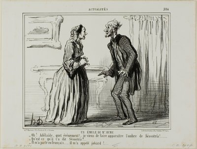 Een rivaal van Mr. Hume. "Oh Adelaide, wat een ervaring.... Ik heb zojuist de schaduw van Sesostris voor me laten verschijnen! - En wat zei Sesostris tegen je - Hij sprak tegen me in het Frans... en noemde me een mokkel!," plaat 384 van Actualités door Honoré Victorin Daumier
