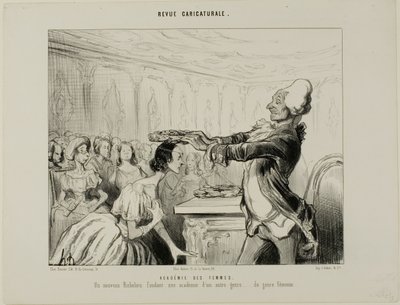 Academie van de vrouw. Een nieuwe Richelieu, die een nieuwe Academie opricht van een ander soort .... van het vrouwelijke geslacht, plaat 33 uit Revue Caricatureale door Honoré Victorin Daumier
