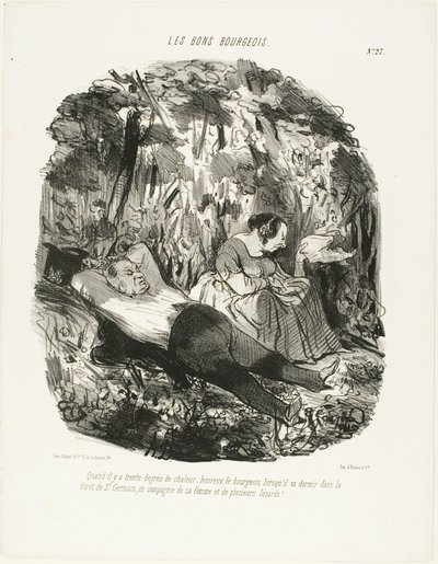 Bij 30°C, gelukkig hij die kan ontsnappen en snoozen in het bos van Saint-Germain vergezeld van zijn vrouw en een paar hagedissen, plaat 27 van Les Bons Bourgeois door Honoré Victorin Daumier