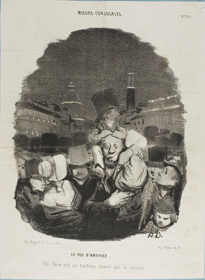 Bij het vuurwerk. Een vader is een trekpaard, geleverd door de natuur, plaat 33 uit Moeurs Conjugales en plaat 14 in Actualités door Honoré Victorin Daumier