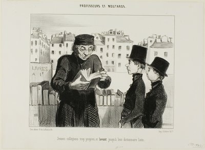 Schone jonge middelbare scholieren, ze proberen zelfs hun Latijnse woordenboek te verkopen, plaat 24 van Professeurs et Moutards (Professoren en deugnieten) door Honoré Victorin Daumier