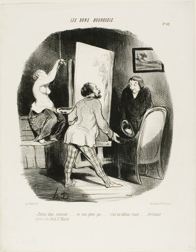"Kom binnen, meneer, wees niet verlegen. Het is een levend schilderij .... net zoals (je zou zien) bij de Porte St. Martin," plaat 62 uit Les Bons Bourgeois door Honoré Victorin Daumier