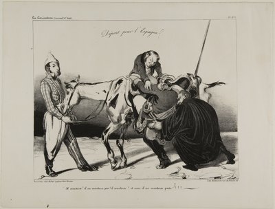 Vertrek naar Spanje. "Hij zal opstijgen! Hij zal niet opstijgen! Hij zal opstijgen! En nee, hij zal niet opstijgen!!!", plaat 498 door Honoré Victorin Daumier