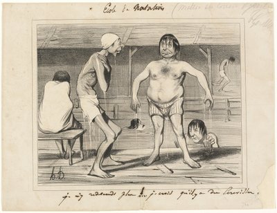 Ik ga daar niet meer naar binnen! - Ik denk dat daar rivierkreeften zitten..., plaat één van Les Baigneurs door Honoré Victorin Daumier