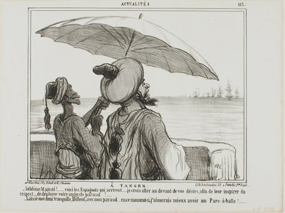 In Tanger. "Hoogheid... de Spanjaarden komen eraan... om ze af te schrikken ben ik zo vrij geweest uw paraplu helemaal open te zetten als teken van uw grootsheid! - Laat me met rust met mijn paraplu, Belboul .... Ik heb liever een paraplu pr door Honoré Victorin Daumier