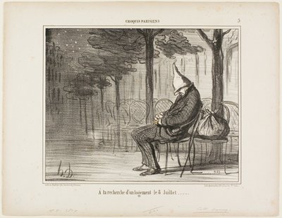 Op zoek naar een overnachting op 8 juli, plaat 5 van Croquis Parisiens door Honoré Victorin Daumier