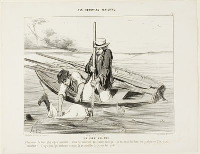 Man overboord! "- Harpoeneer hem steviger! .... anders krijgen we hem niet! En jij, hou zijn benen in de lucht, dat is heel belangrijk.... Er is niets ter wereld waardoor je sneller verkouden wordt dan door natte voeten te krijgen," plaat 14 uit Les Ca door Honoré Victorin Daumier