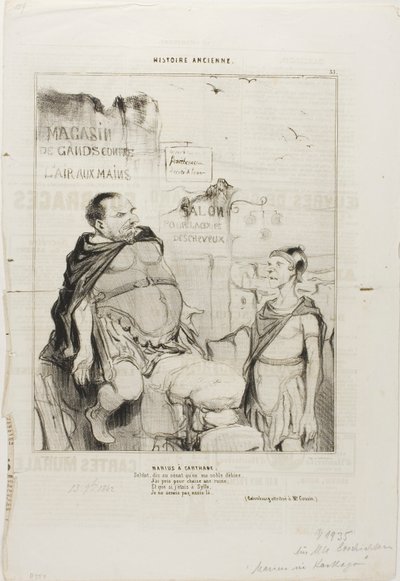 Marius in Carthago. Soldaat, zeg tegen de senaat dat ik in mijn nobele armoede een ruïne als stoel heb genomen En als ik in Sylla was, zou ik hier niet zitten. (Woordspeling toegeschreven aan M. Cousin), plaat 35 uit Histoire Ancienne door Honoré Victorin Daumier