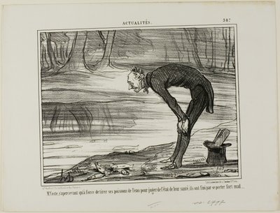 Mr. Coste merkt op dat de vissen die hij uit het water haalt om hun gezondheidstoestand te analyseren, zich uiteindelijk helemaal niet goed voelen, plaat 387 van Actualités door Honoré Victorin Daumier