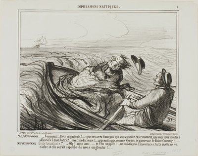 Mme Prudhomme: "- Stomme golven.... weet je wel wie je op dit moment bij je hebt... oh stoutmoedige... weet dat ik je, net als Xerxes, vreselijk zal afranselen. Mme Prudhomme: (bibberend van angst) "- Bid, mijn beste vriend, beledig de zee niet langer... j door Honoré Victorin Daumier