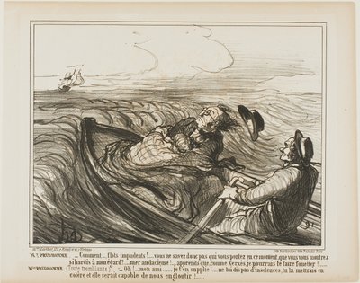 Mme Prudhomme: "- Stomme golven.... weet je niet wie je op dit moment bij je hebt... oh stoutmoedige... weet dat ik je, net als Xerxes, vreselijk zal afranselen." Mme Prudhomme: (bibberend van angst) "- Bid, mijn beste vriend, beledig de zee niet langer... door Honoré Victorin Daumier