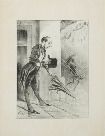 Nieuwe gepatenteerde paraplu, met een verbeterd veersysteem, om snel te openen bij de geringste aanraking.(zie onze advertentie ter zake), plaat 33 van Émotions Parisiennes door Honoré Victorin Daumier