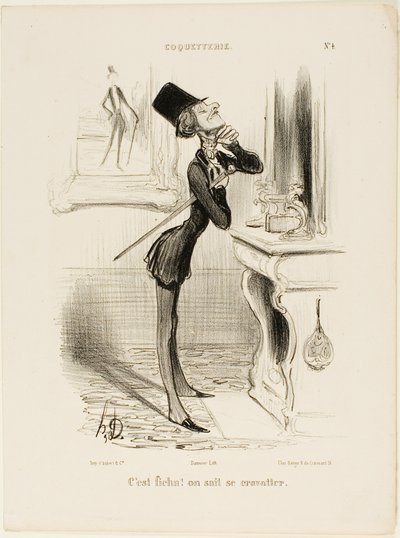 "Oh verdorie! Ik schijn geen knoop te kunnen leggen!" bord 4 van Coquetterie door Honoré Victorin Daumier