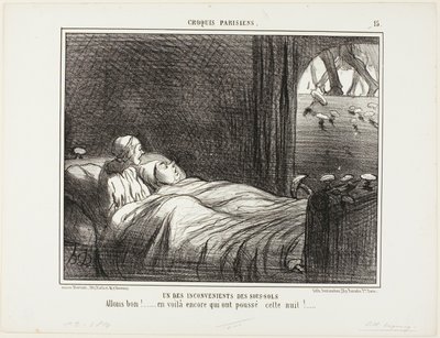Een van de nadelen van wonen in de kelder. "Kijk, hier zijn er nog een paar die vannacht zijn gegroeid...," plaat 15 van Croquis Parisiens door Honoré Victorin Daumier
