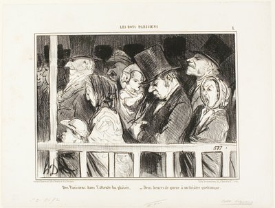 Parijzenaars die zin hebben in plezier. Twee uur in de rij staan voor elk theater in de stad, bord 1 van Les Bons Parisiens door Honoré Victorin Daumier