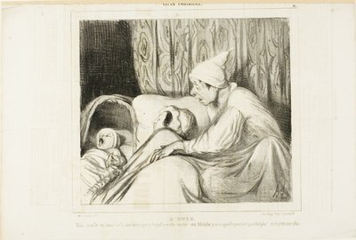 Gehoor. "- Word wakker Nini! .... Ik roep haar al meer dan een uur en ze antwoordt steeds: ja Adolphe. Maar noch het kind, noch ik heet Adolphe!", plaat 41 uit Types Parisiens door Honoré Victorin Daumier