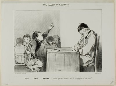 "Meneer... Meneer... Siiiirrrr... Christus, het is vervelend om een koliek te hebben als de opzichter toezicht houdt," plaat 13 uit Professeurs Et Moutards door Honoré Victorin Daumier