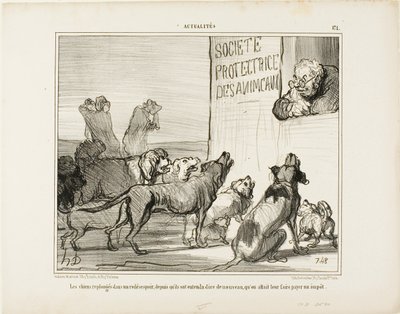 De honden vallen opnieuw in wanhoop nadat ze hebben gehoord dat er toch een nieuwe hondenrijbewijsbelasting komt, plaat 171 van Actualités door Honoré Victorin Daumier