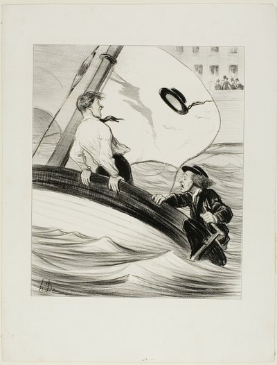 De windvlaag. "- Oh blast! Ik ben mijn hoed kwijt! - Maak je geen zorgen.... want het is waterpoef.... je zult geen probleem hebben om hem terug te vinden in Rouen!," plaat 17 uit Les Canotiers Parisiens door Honoré Victorin Daumier