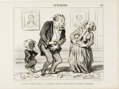 Het interieur van een gezin op 2 januari - of het gevaar van het consumeren van overmatig niet-hygiënisch snoepgoed, plaat 62 uit Actualités door Honoré Victorin Daumier