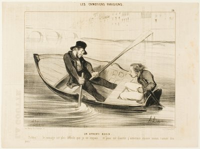 De beginnende zeiler. "Duivel... roeien is veel moeilijker dan ik dacht! En om echt te genieten zou ik liever erwten houden," plaat 19 uit Les Canotiers Parisiens door Honoré Victorin Daumier