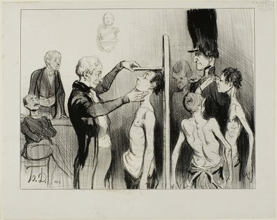Het wervingsbureau. "Is het geen glorieus gezicht: deze nobele jonge Fransen vol vuur, kracht en elegantie klaar om hun eer te verdedigen onder de vlaggen van Mars," plaat 35 uit Caricatures Du Jour door Honoré Victorin Daumier