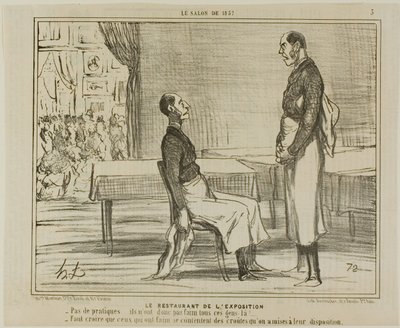 Het restaurant bij de tentoonstelling. "- Helemaal geen klanten... hebben deze mensen geen honger - Ik denk dat de hongerigen de hapjes eten die ze aangeboden kregen," plaat 3 uit Le Salon De 1857 door Honoré Victorin Daumier