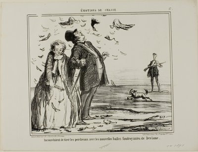 Het nadeel van schieten op jonge patrijzen met de nieuwe explosieve kogels van Devisme, plaat 17 uit Émotions De Chasse door Honoré Victorin Daumier