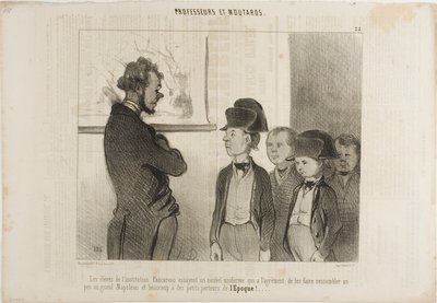 De leerlingen van het Pascareau Instituut proberen hun nieuwe schooluniform uit waardoor ze een beetje op de grote Napoleon lijken en veel op kleine krantenjongens, plaat 25 van Professeurs Et Moutards door Honoré Victorin Daumier