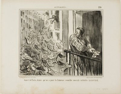 Gezicht op de straten van Parijs na de opvoering van de beroemde moralistische komedie "La Bourse", plaat 330 uit Actualités door Honoré Victorin Daumier