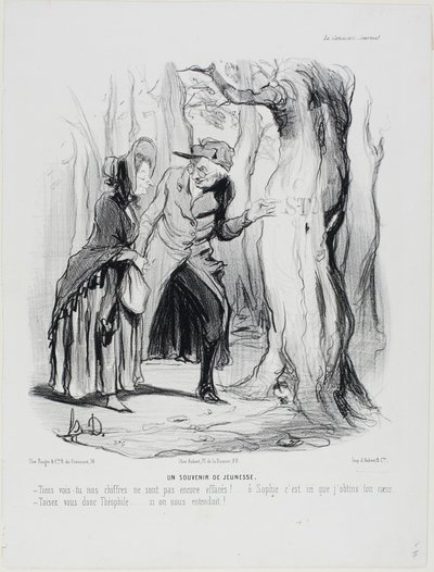 Jeugdige herinneringen. "Je ziet dat onze brieven nog niet gewist zijn... oh Sophie, hier heb ik je hart veroverd. - Hou nu je mond, Théophile.... als iemand ons zou horen!," plaat 49 uit Getrouwd leven door Honoré Victorin Daumier