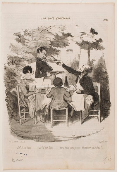 Ach, het is vers, het is vers! ... Ruik er zelf aan, ober, zegt u dat dit vers is? ... door Honoré Daumier