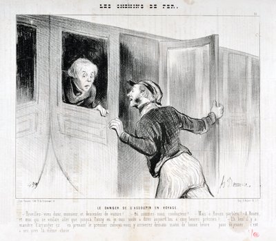 Kunstwerk door Honore Daumier (1808-1879). Charivari dateert uit 1843: Serie LES SPOORWEGEN Het gevaar van in slaap vallen tijdens een reis -Wakker worden meneer en uitstappen! - Waar rijden we naartoe? - Maar Rouen parbleu! - In Rouen en ik die alleen naa door Honoré Daumier
