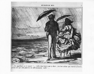 Bij de zeebaden: Parijzenaars aan zee in een stortregen - door Daumier, in 