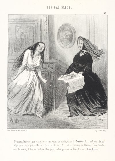 Wat! Vanochtend alweer een karikatuur over ons in de Charivari! ... Ach, bij mijn leven! Ik hoop toch echt dat dit de laatste keer is! ... En als die Daumier ooit in mijn handen valt, zal het hem duur komen te staan dat hij zich heeft veroorloofd blauwe door Honoré Daumier
