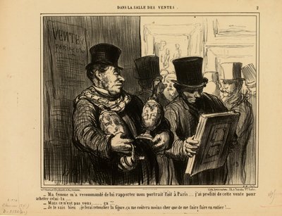 In de veilingzaal nr. 2: Mijn vrouw heeft mij opgedragen haar mijn portret mee te brengen... door Honoré Daumier