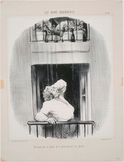 Les Bons Bourgeois: Een buurman die klaagt over water krijgen door Honoré Daumier