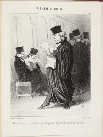 Meester Chapotard leest in een gerechtelijke krant de lofrede op zichzelf, door hemzelf geschreven door Honoré Daumier