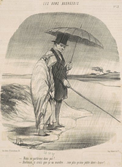 Dus we vertrekken niet! - Hortense, ik geloof dat hij gaat bijten ... Niet langer dan een halfuurtje! door Honoré Daumier