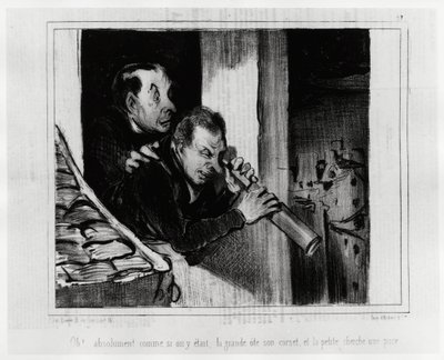 Oh! Absoluut alsof we daar waren, de grote doet haar korset uit en de kleine zoekt naar een chip. Illustratie van Honore Daumier (1808-1879), gepubliceerd in het nieuws in 
