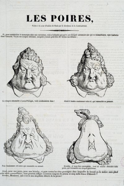 Peren: Karikatuur die een metamorfose van het gezicht van Louis Philippe in een peer voorstelt door Honoré Daumier