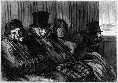Pleziertreinen: 10 graden van verveling en slechte stemming. Cartoon door Honore Daumier. Gravure in Le Monde Illustré nr. 249 van 18 januari door Honoré Daumier