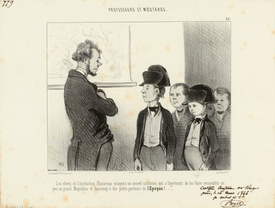 Leraren en snotneuzen. De leerlingen van de instelling Pascareau proberen een nieuw uniform... 25. door Honoré Daumier