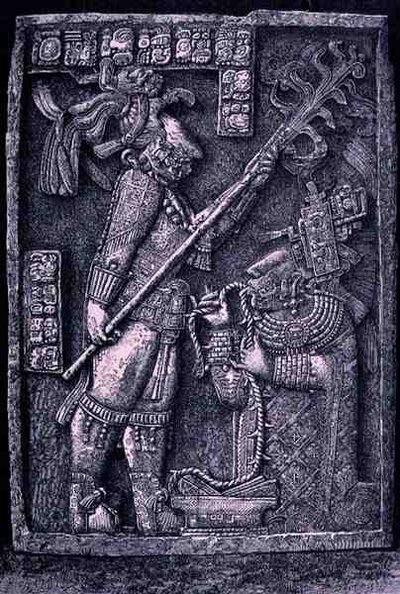 Gesneden stenen latei van Tempel 23, Yaxchilan, 726 AD, met de heerser Schild Jaguar en zijn vrouw, Lady Xoc, die een bloedoffer-ritueel uitvoeren, uit De oude steden van de Nieuwe Wereld, door Claude-Joseph-Desire Charnay door Honore after Chapuis