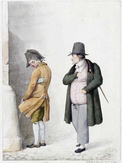 Man die tegen een muur urineert en een andere voorbijganger - lithografie door Brunet door Horace Antoine Brunet