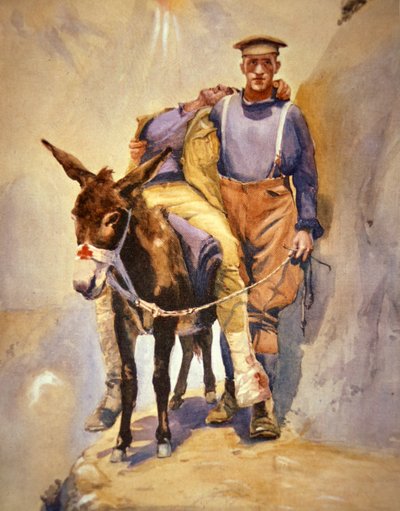 John Simpson Kirkpatrick van de 3e Australische Veldambulance die met zijn ezel gewonde soldaten redde bij Gallipoli in 1915 door Horace Moore Jones